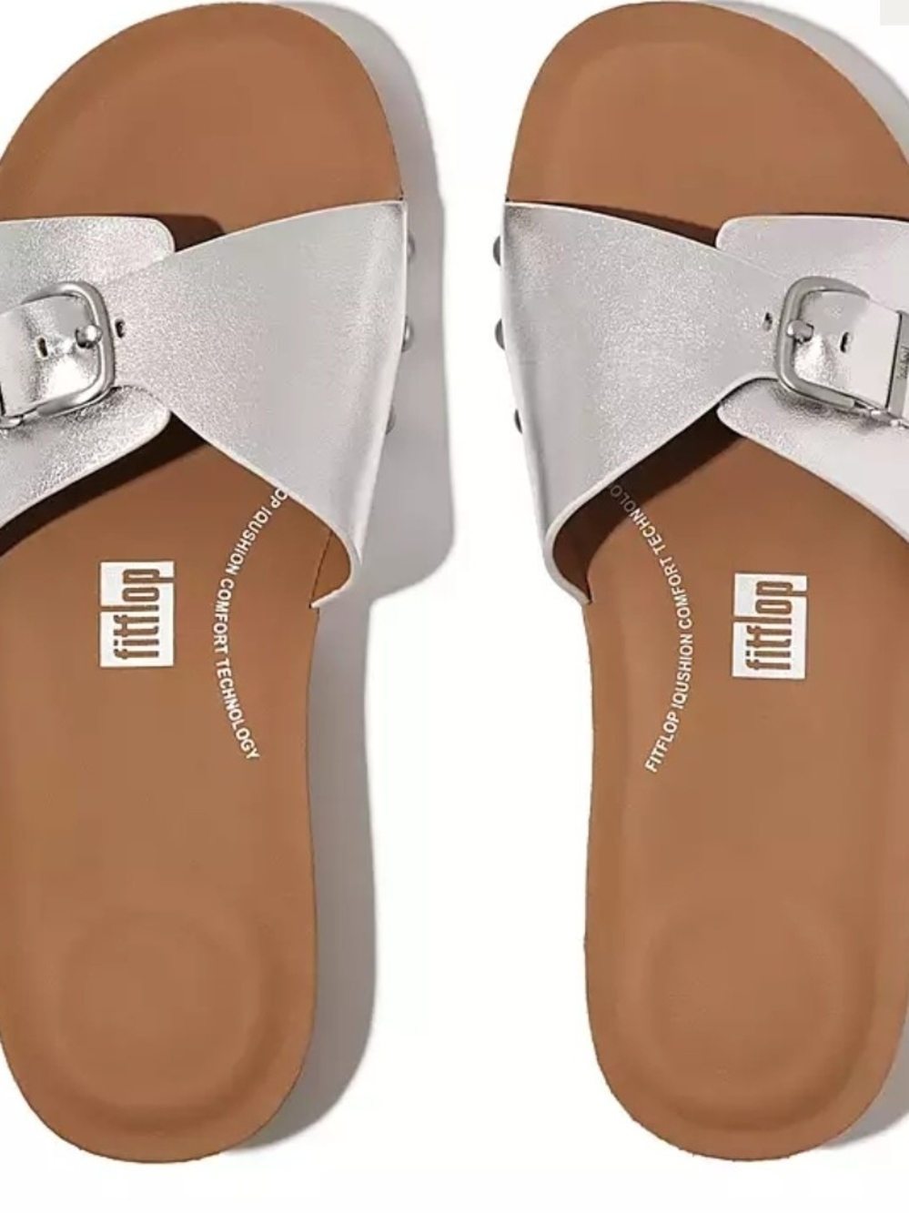 FitFlop Metallic Silver Buckle Cross-Strap Slide Sandals
